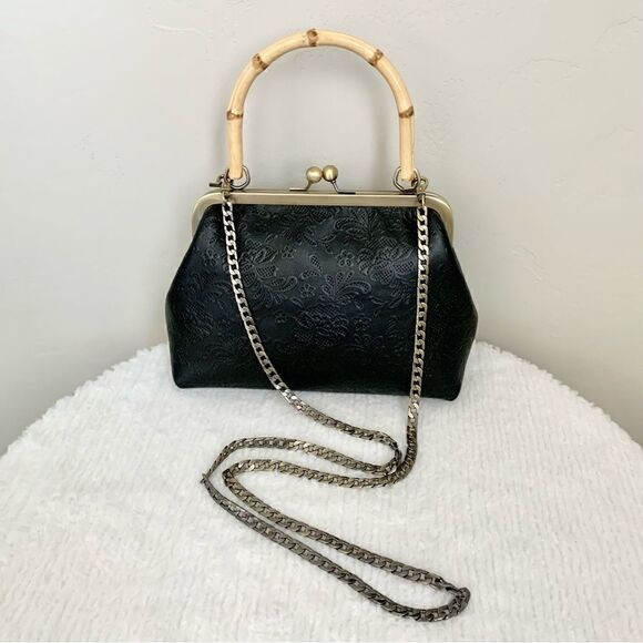 Genuine Leather Embossed Floral Lace, Real Bamboo Handle Bag & Small Clutch Set - Picture 6 of 16